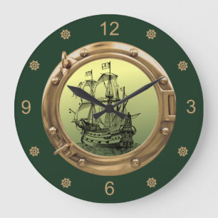 Galleon Segelschiff ~ Brass Porthole ~   Große Wanduhr