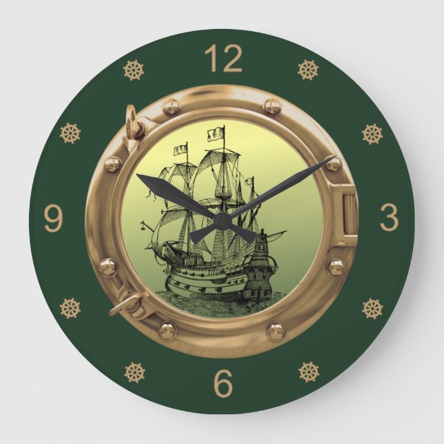 Galleon Segelschiff ~ Brass Porthole ~   Große Wanduhr (Vorderseite)