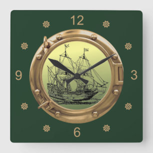 Galleon Segelschiff ~ Brass Porthole ~ Quadratische Wanduhr