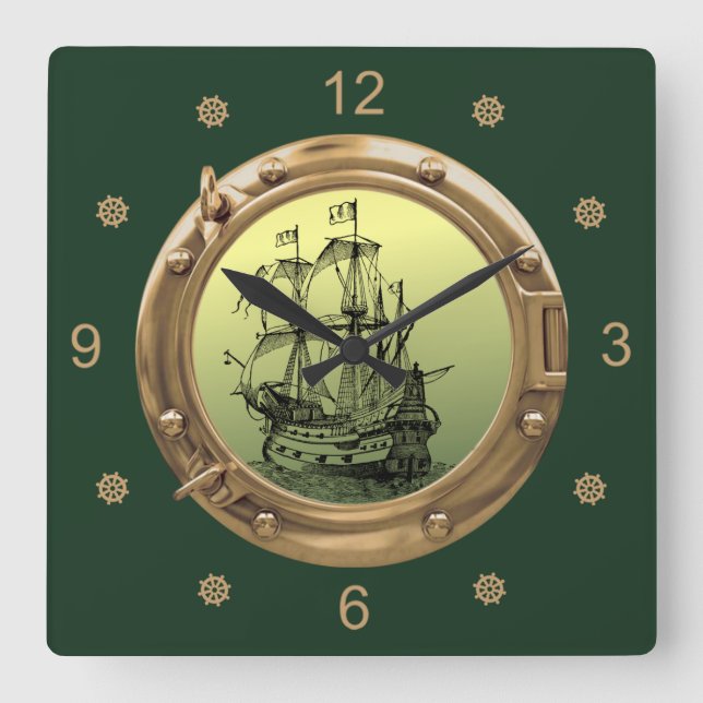 Galleon Segelschiff ~ Brass Porthole ~ Quadratische Wanduhr (Vorderseite)
