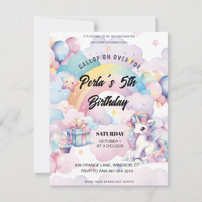 Gallop on Over the Rainbow unicorn Invitation  RSVP Karte (Vorderseite)