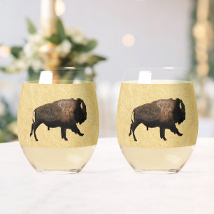 Galloping Bison auf altes Papier Weinglas Ohne Stiel