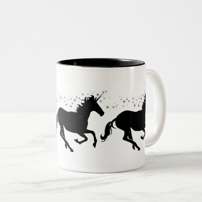 Galloping Black Unicorns Mug – For Unicorn Lovers Zweifarbige Tasse (VorderseiteRechts)