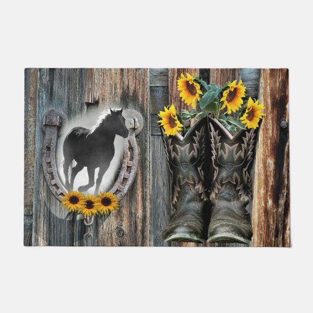 Galloping Horse Cowboy Boots Horseshoe Sonnenblume Fußmatte (Vorderseite)