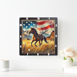 Galloping Horse Patriotic Quadratische Wanduhr