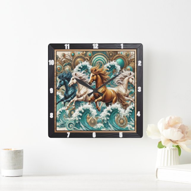 Galloping Horses Waves Quadratische Wanduhr (Zuhause)