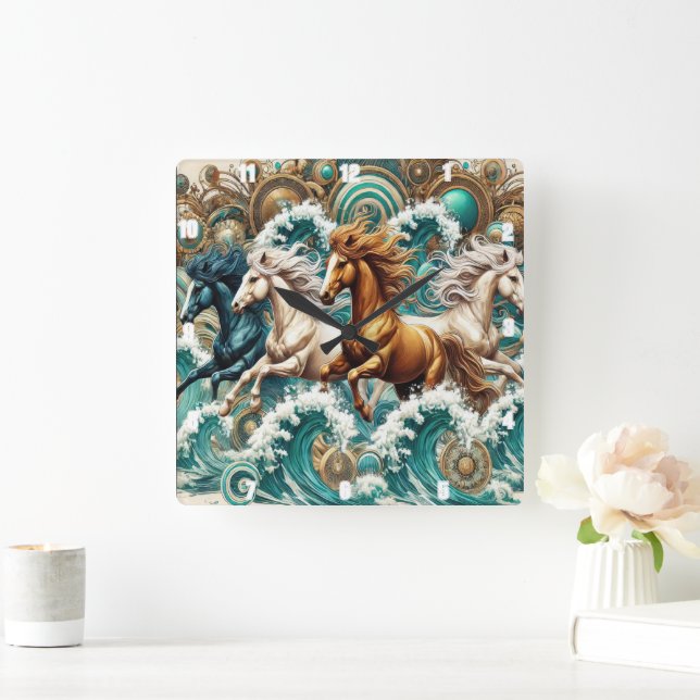 Galloping Horses Waves Quadratische Wanduhr (Zuhause)
