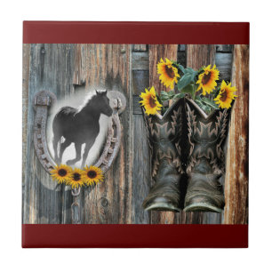Galloping Pferd Cowboy Boots Hufeisen Sonnenblumen Fliese