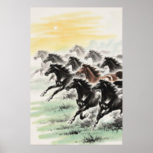 Galloping Pferde Feng Shui - Chinesischer Tintenwa Poster