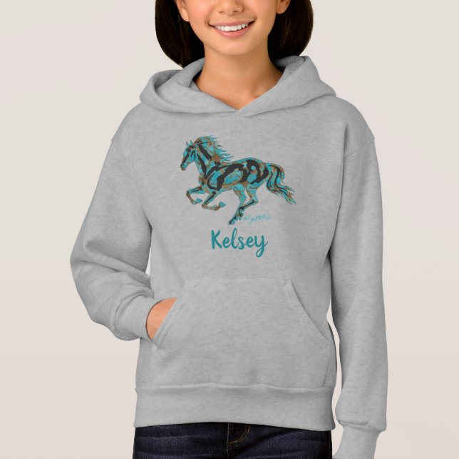 Galloping Türkis Horse Silhoutte Hoodie (Vorderseite)