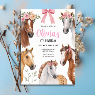 Galopp auf über Florale Pferde & Schleifen Geburts Einladung