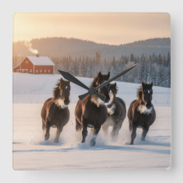 Galoppierende Pferde an einem Wintermorgen -  Quadratische Wanduhr