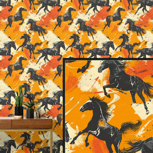 Galoppierende schwarze Pferde auf Orange Cream  Tapete