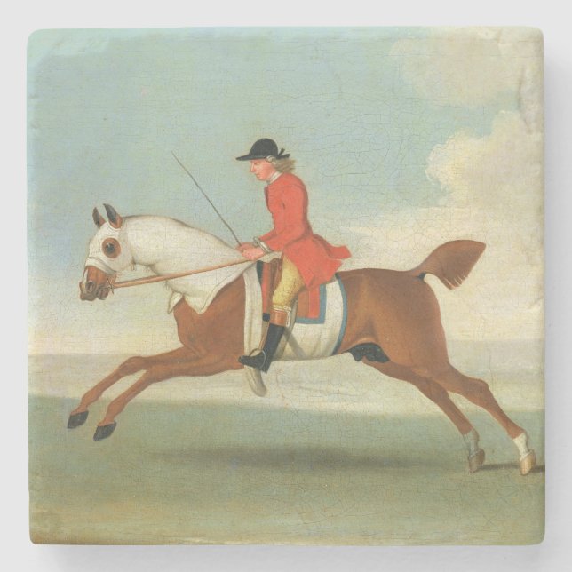 Galoppierendes Rennpferd und angebrachter Jockey Steinuntersetzer (Vorderseite)
