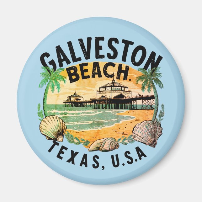 Galveston Beach Retro Vignette Magnet (Vorne)