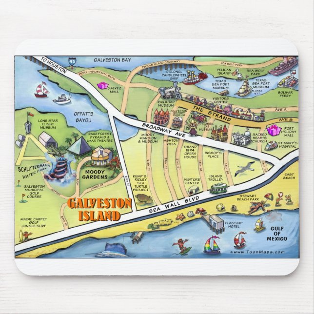 Galveston Texas Cartoon Map Mousepad (Vorne)