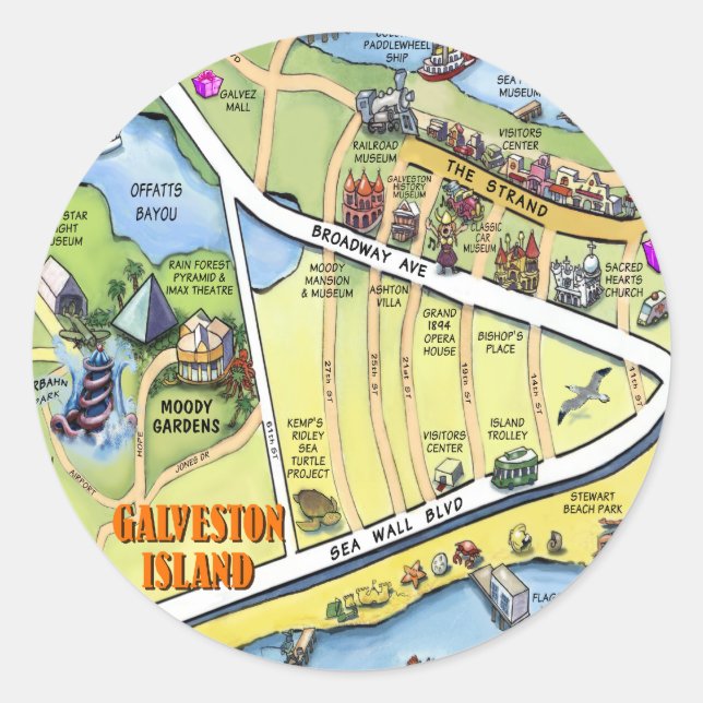 Galveston Texas Cartoon Map Runder Aufkleber (Vorderseite)