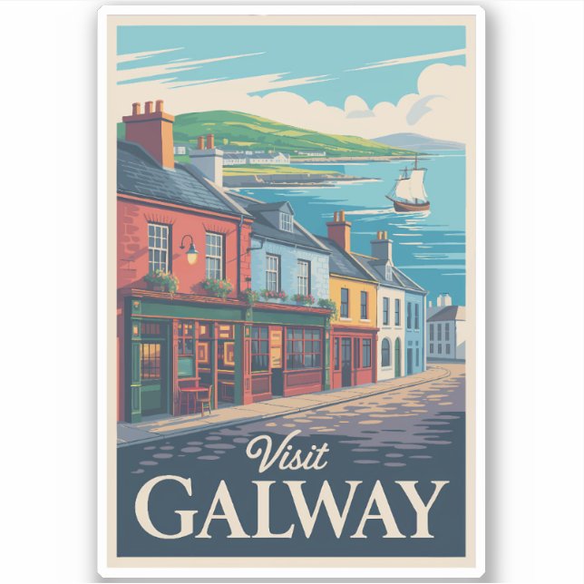 Galway Ireland Illustration Travel Art Vintag Aufkleber (Vorderseite)
