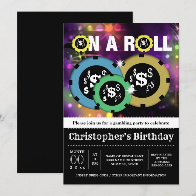 Gambling Roulette Chips Vegas Party Diskothek Einladung (Vorne/Hinten)