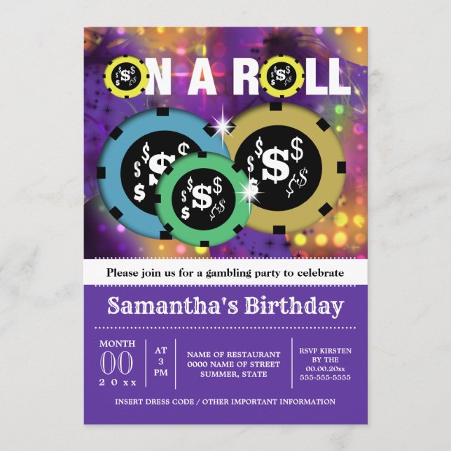 Gambling Roulette Chips Vegas Party lila Einladung (Vorderseite)