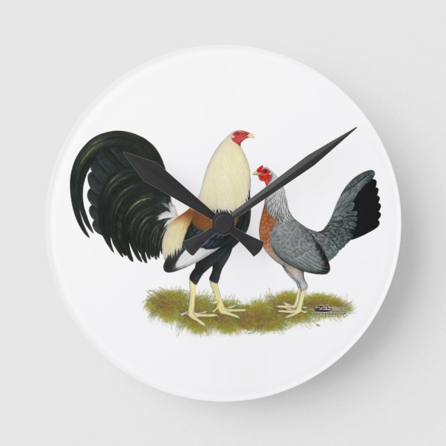 Game Fowl Pair Runde Wanduhr (Vorderseite)
