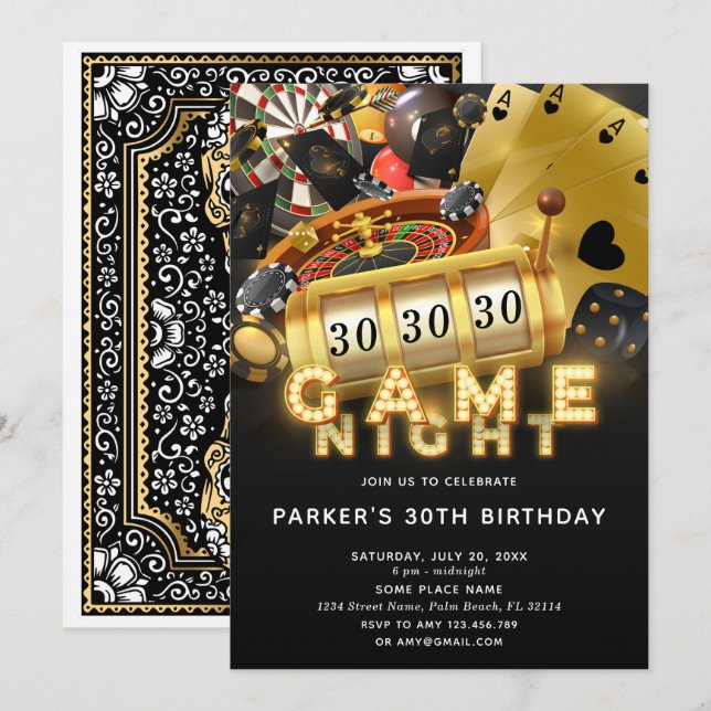 Game Night Birthday Party Black Gold Einladung (Vorne/Hinten)