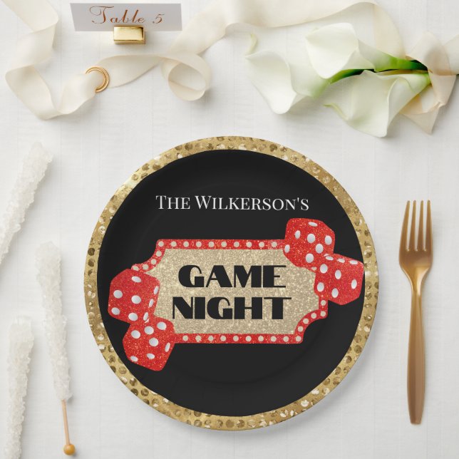 Game Night Glitzer Marquee Sign auf Black Pappteller (Hochzeit)