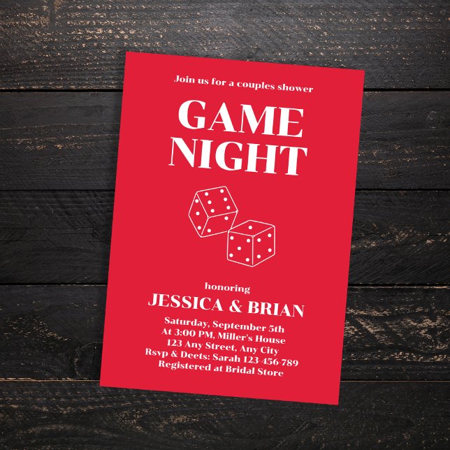 Game Night Red Retro Schriftart Dices Couples Dusc Einladung (Game Night Red Retro Font Dices Couples Shower Invitation)