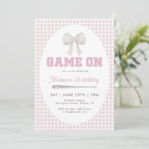Game On Baseball-Schleife Rosa Gingham Preppy 5. Einladung
