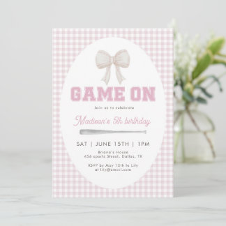 Game On Baseball-Schleife Rosa Gingham Preppy 5.  Einladung