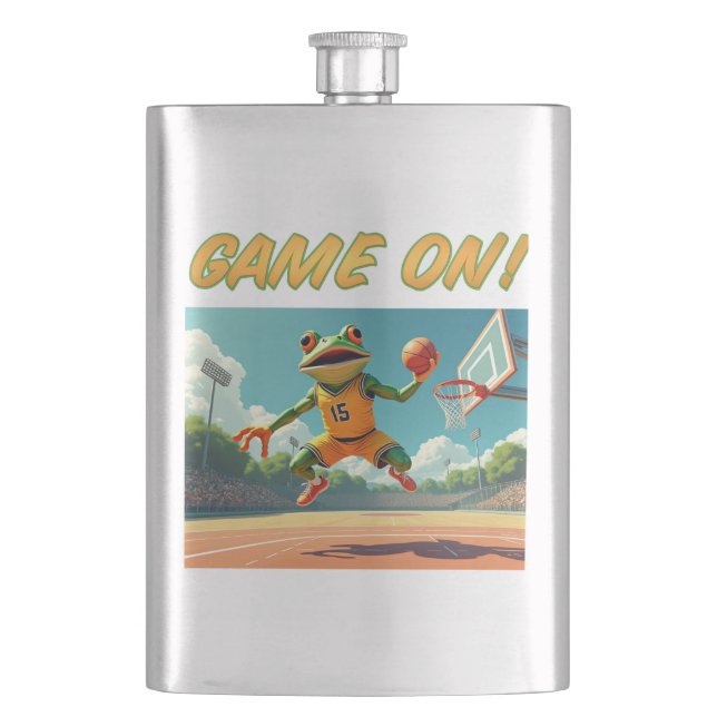 Game On Basketball Frosch Edelstahlflasche Flachmann (Vorderseite)