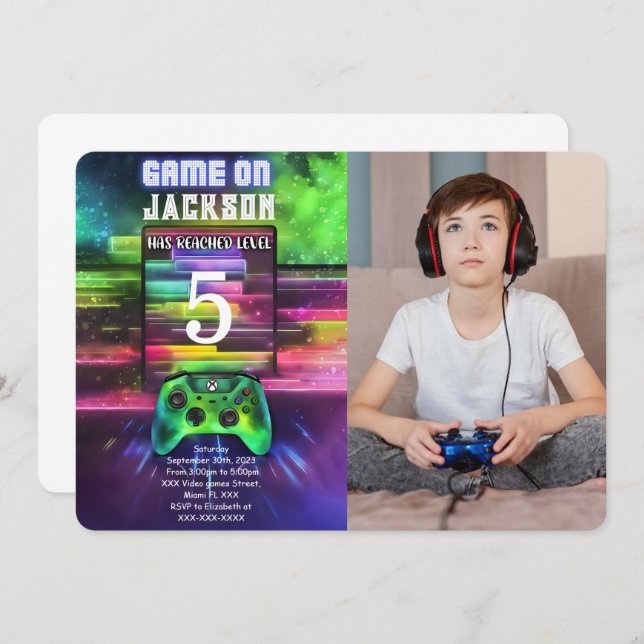 Game On, Boy Video Game Geburtstag Foto Einladung (Vorne/Hinten)