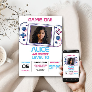 Game On Cool Video Game Girl Geburtstagsparty Foto Einladung
