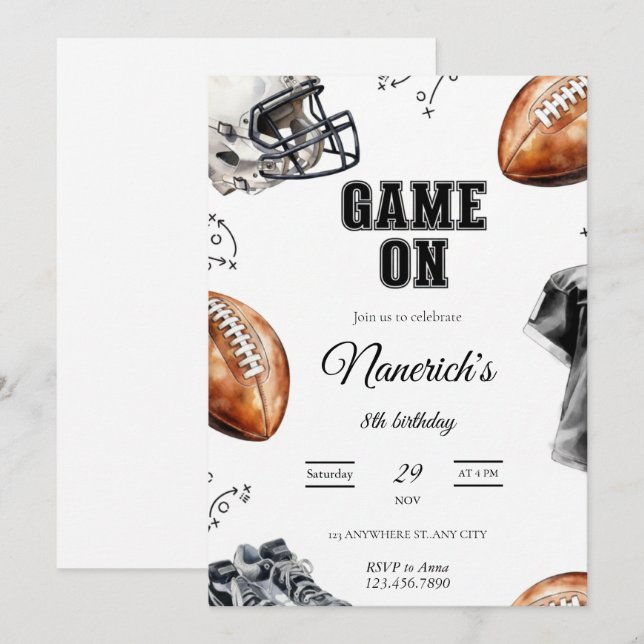 Game On Football Birthday Party Invitation Einladung (Vorne/Hinten)
