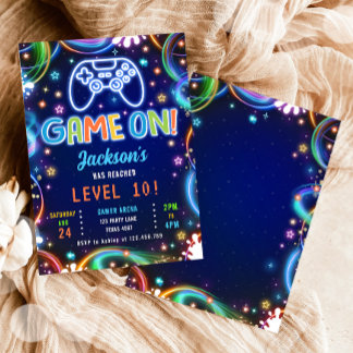 Game On Gamer Videospiele Neon Glow Boy Geburtstag Einladung
