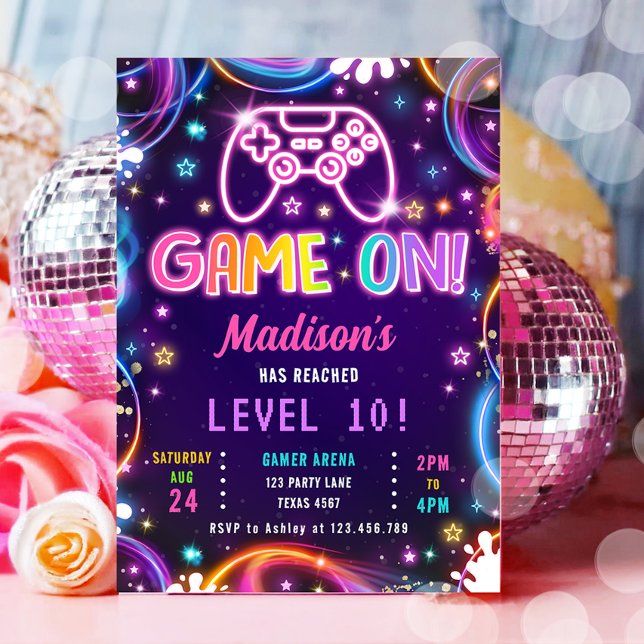 Game On Gamer Videospiele Neon Glow Girl Geburtsta Einladung (Von Creator hochgeladen)