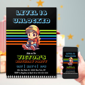 Game On Level Up Fun Video Game Birthday Party Einladung