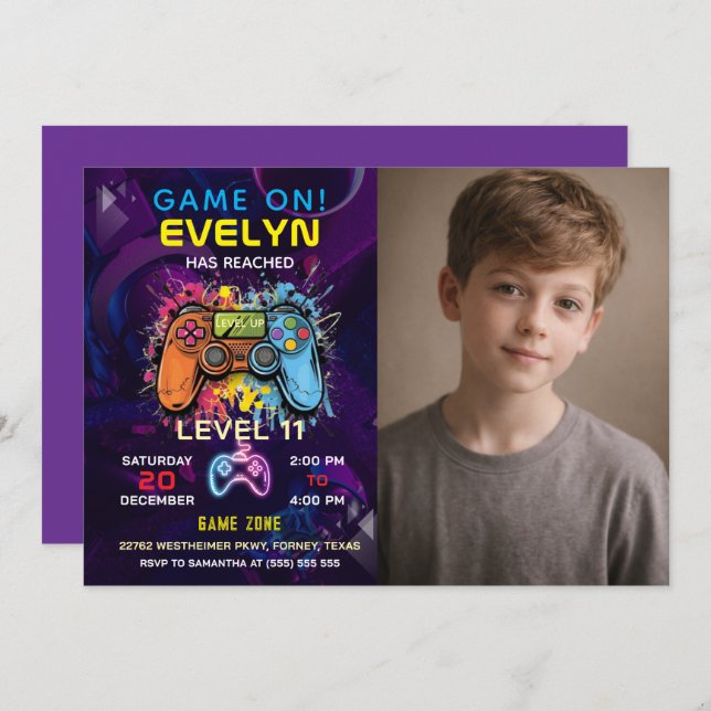  Game On Level Up Video Game Birthday Einladung (Vorne/Hinten)