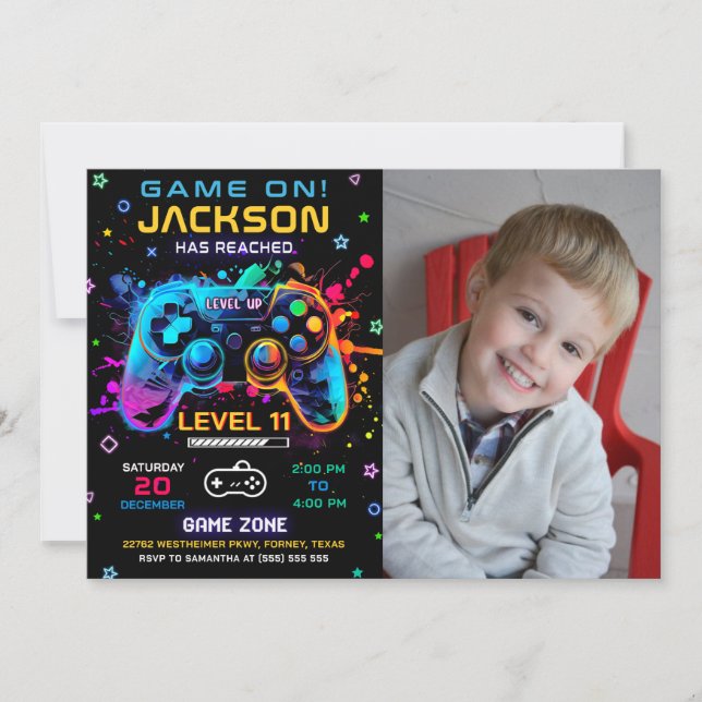 Game On Level Up Video Game Birthday Foto Einladung (Vorderseite)