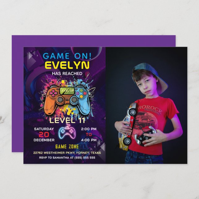 Game On Level Up Video Game Geburtstag Einladung (Vorne/Hinten)