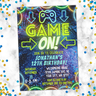 Game On Neon Glow Video Gaming Geburtstagsparty Einladung
