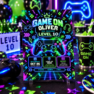 Game On: Neon Glow Videospiel-Jungen-Geburtstagsfe Einladung
