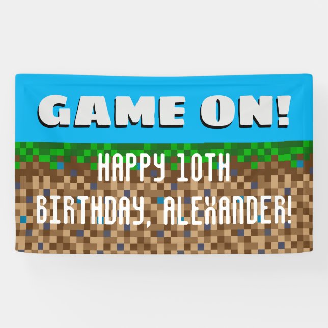 Game On pixelweise Grass Block Gaming Geburtstag Banner (Horizontal)