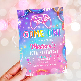 Game On Videospiel-Arcade VR Neon-Mädchen-Geburtst Einladung