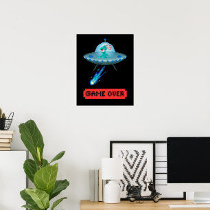 'Game Over' Alien fliegt UFO-Raumschiff, Pixel-Art Poster
