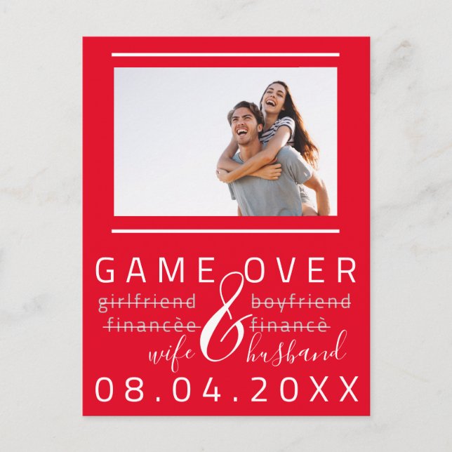 Game Over Funny Save the Date Foto Red White Postkarte (Vorderseite)
