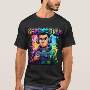 Game Over Glitch T - Shirt Retro Neon Gamer T-Shir
