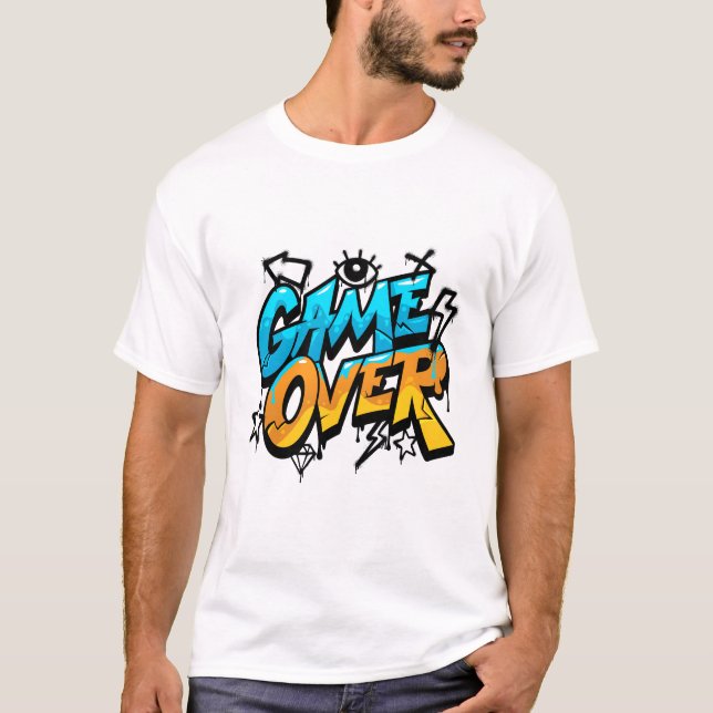 Game Over Graffiti Design – Blaue und Orange Straß T-Shirt (Vorderseite)