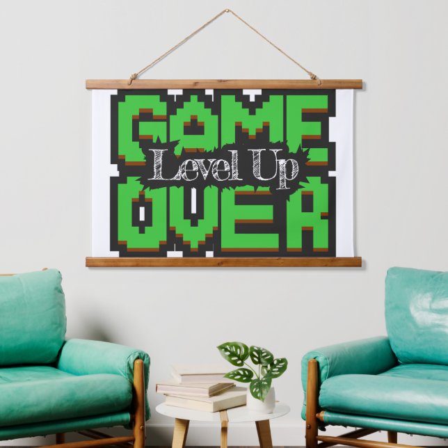 Game Over, Level Up: Pixelige Retro-Spielwelt Wandteppich Mit Holzrahmen (Wohnzimmer)