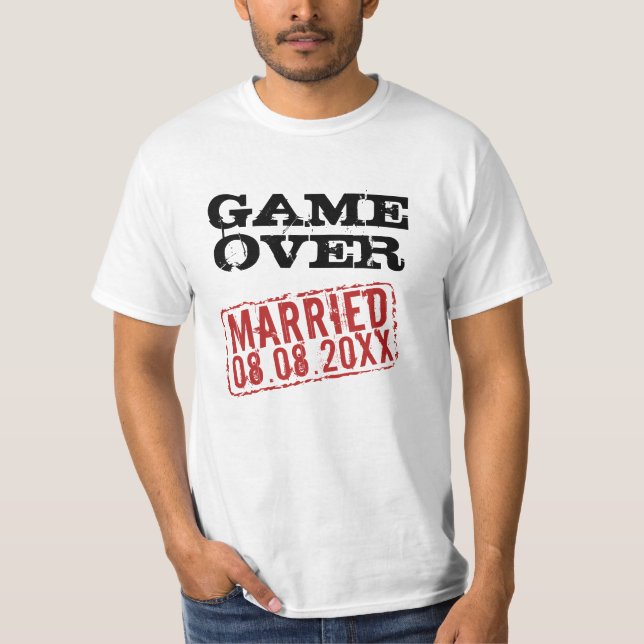 Game Over lustiges T-Shirt mit Briefmarke zum Hoch (Vorderseite)